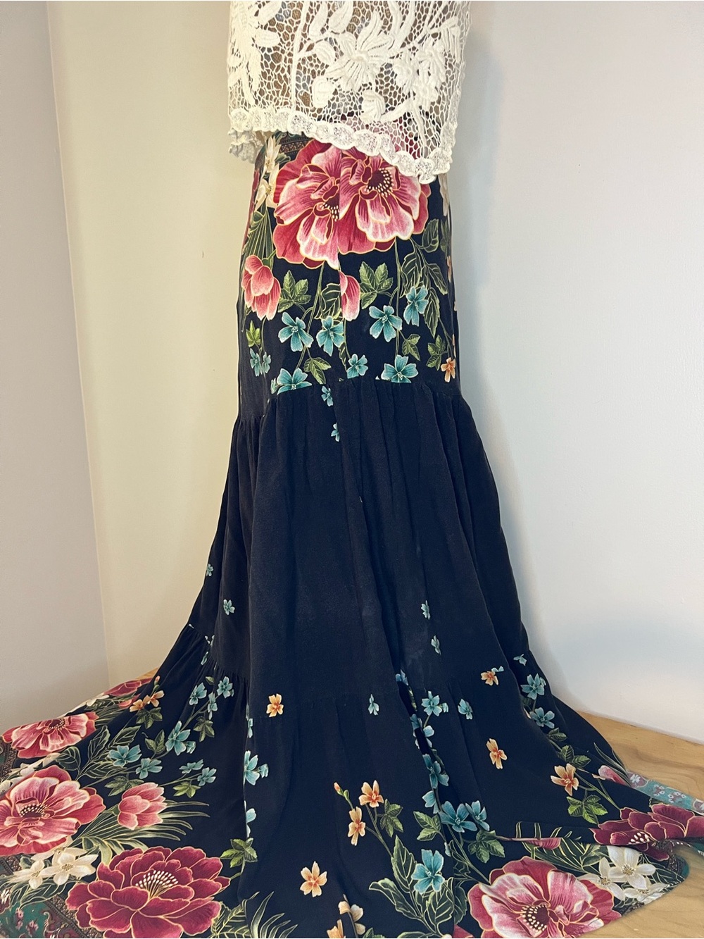 Farm Rio Floral on Black Drop Waist Maxi Skirt - Picture 3 of 8